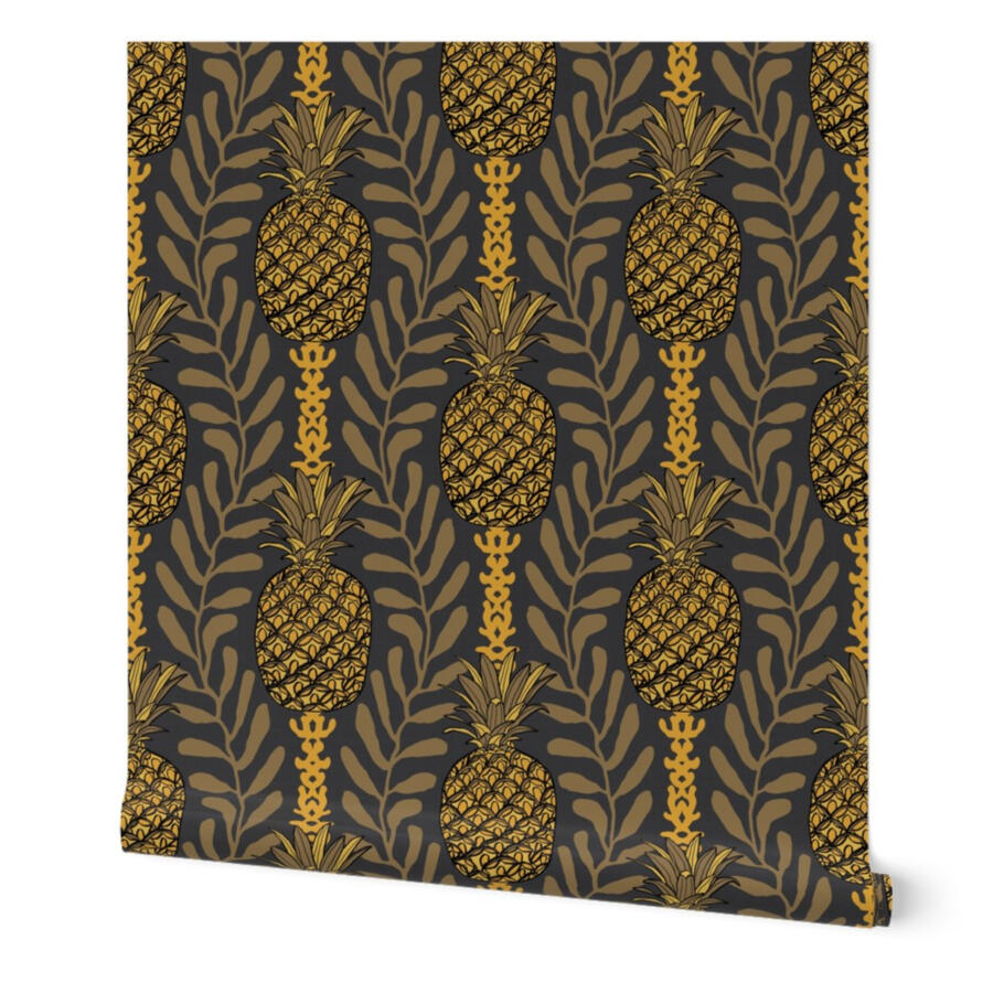 Pineapple botanical damask wallpaper in midnight charcoal and gold by Ania Malt