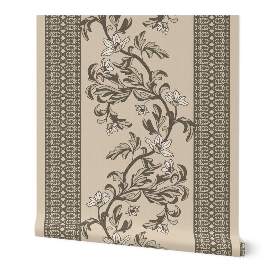Arts and crafts floral scroll stripe wallpaper in dark khaki green by Ania Malt