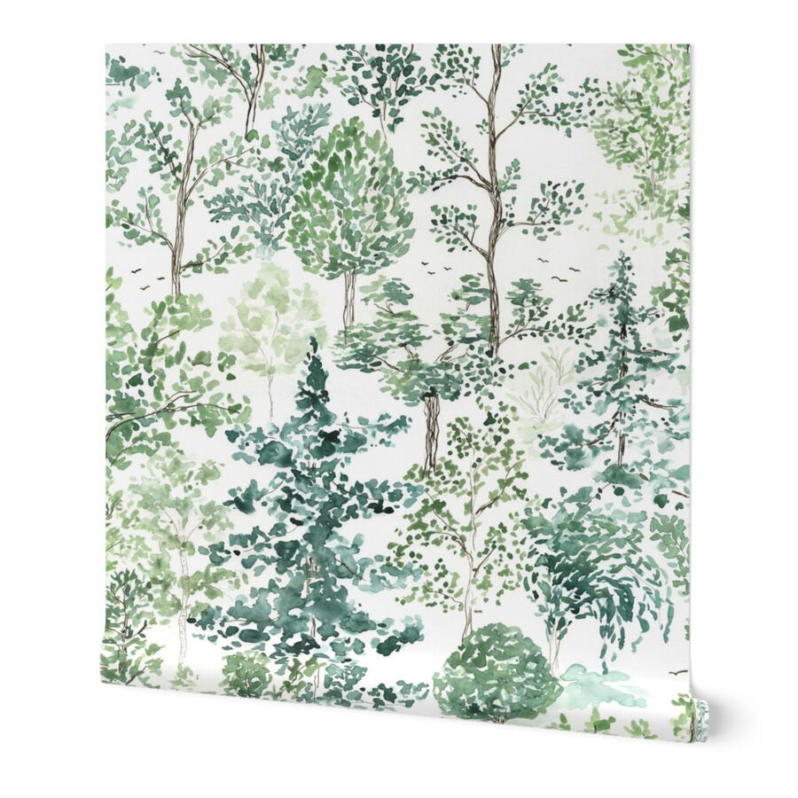 Watercolor spring forest wallpaper in earthy green by Ania Malt