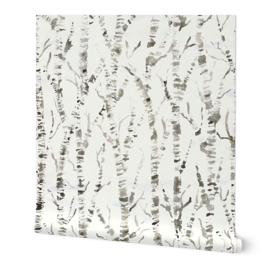 Birch Forest Woods Watercolor birch forest wallpaper in sepia taupe gray by Ania Malt