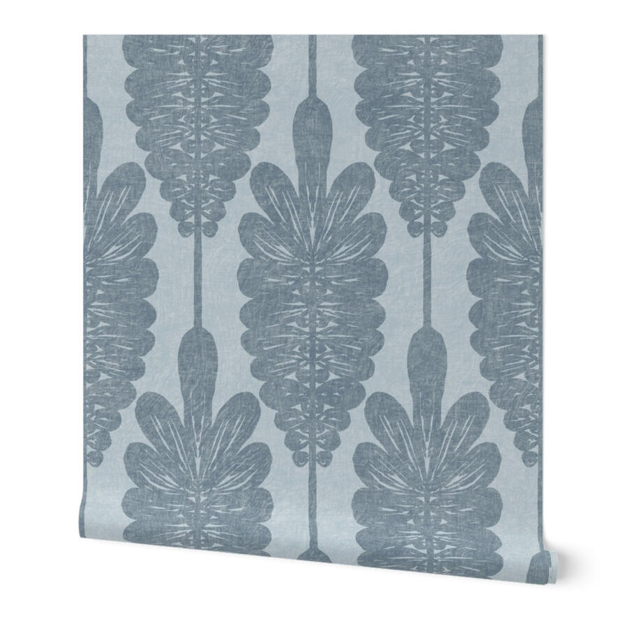 Linocut foliage stripe wallpaper in chambray slate blue by Ania Malt