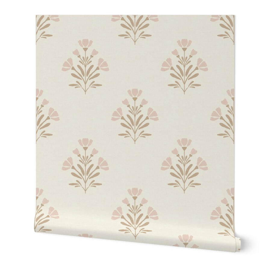 Boho block print wild florals wallpaper in rose pink and beige by Ania Malt