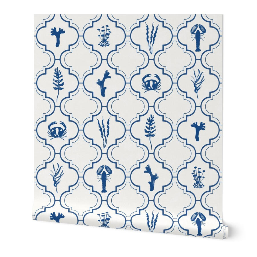 Coastal Lattice Sea Life Coastal lattice sea life wallpaper in navy blue and white by Ania Malt