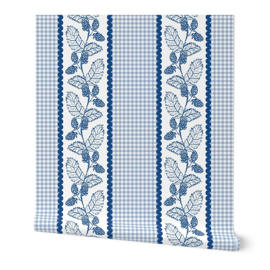 Blackberry vine stripe on blue gingham wallpaper in navy blue by Ania Malt
